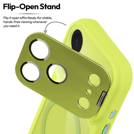 Apple iPhone 18 Pro Case with MagSafe Compatibility, Flip-Open Camera Cover Stand, Glossy Glass Back & Metallic Buttons
