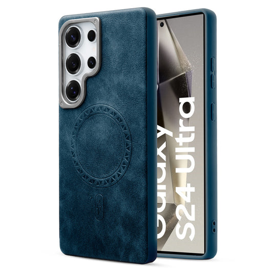 Alloy Camera Ring Faux Leather Back Case for Samsung S24 Ultra 5G , Hard Shell with MagSafe Support