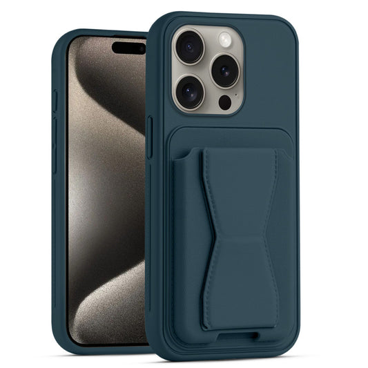 All in One Premium Leather Back Cover for Apple iPhone 15 Pro Max with Card Slot & Foldable Grip Holder