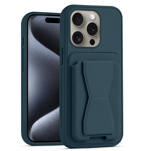 All in One Premium Leather Back Cover for Apple iPhone 15 Pro with Card Slot & Foldable Grip Holder
