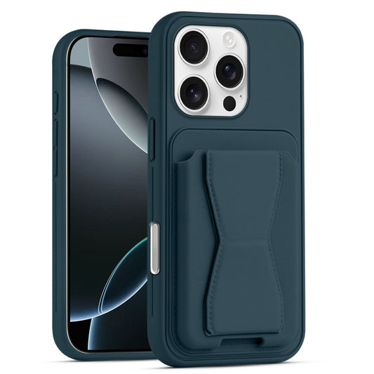 All in One Premium Leather Back Cover for Apple iphone 16 Pro Max with Card Slot & Foldable Grip Holder