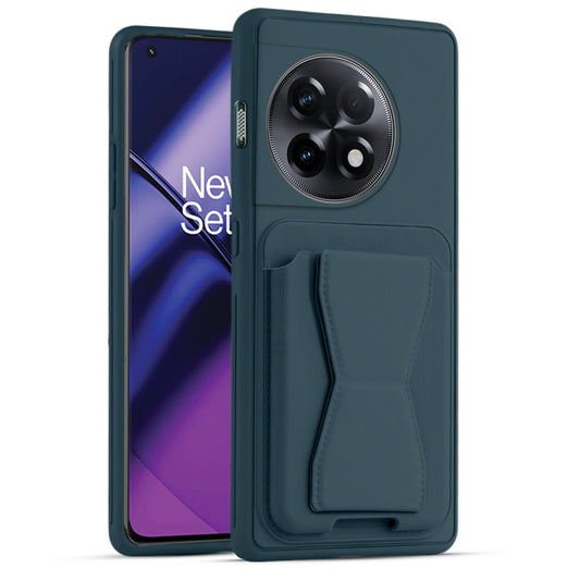 All in One Premium Leather Back Cover for OnePlus 11R 5G with Card Slot & Foldable Grip Holder
