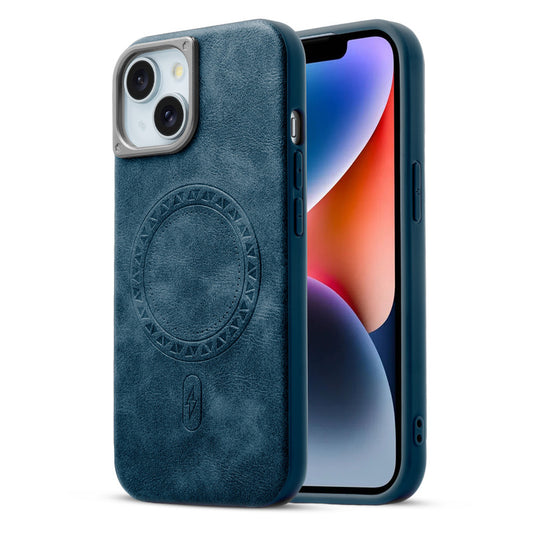 Alloy Camera Ring Faux Leather Back Case for Apple iPhone 14 , Hard Shell with MagSafe Support