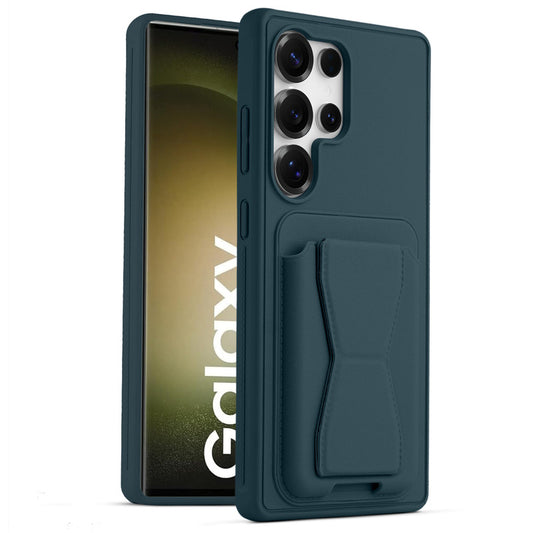 All in One Premium Leather Back Cover for Samsung S23 Ultra 5G with Card Slot & Foldable Grip Holder