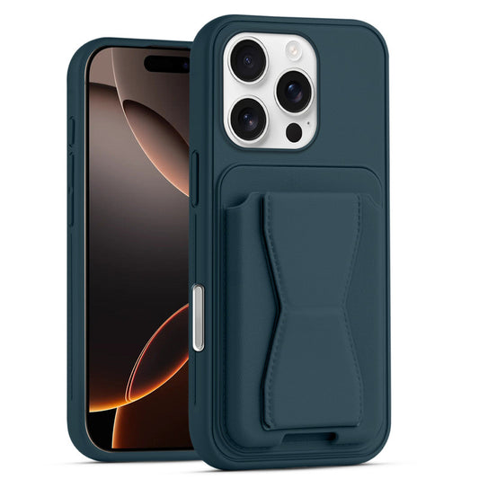 All in One Premium Leather Back Cover for Apple iPhone 16 Pro with Card Slot & Foldable Grip Holder