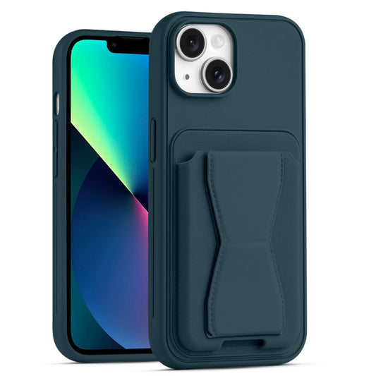 All in One Premium Leather Back Cover for Apple iPhone 13 with Card Slot & Foldable Grip Holder