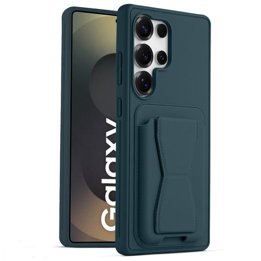 All in One Premium Leather Back Cover for Samsung S25 Ultra 5G with Card Slot & Foldable Grip Holder
