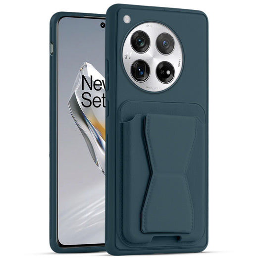 All in One Premium Leather Back Cover for OnePlus 12 5G with Card Slot & Foldable Grip Holder