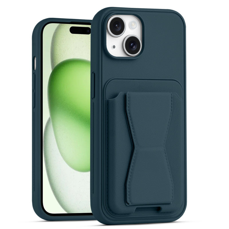 All in One Premium Leather Back Cover for Apple iPhone 15 Plus with Card Slot & Foldable Grip Holder
