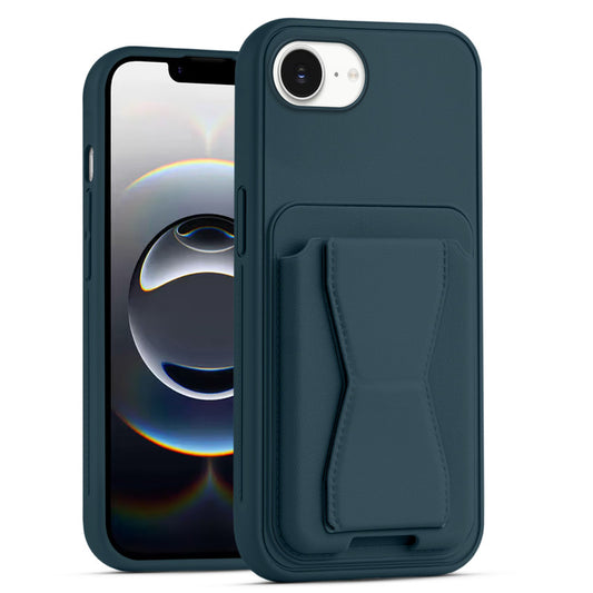 All in One Premium Leather Back Cover for Apple iPhone 16e with Card Slot & Foldable Grip Holder