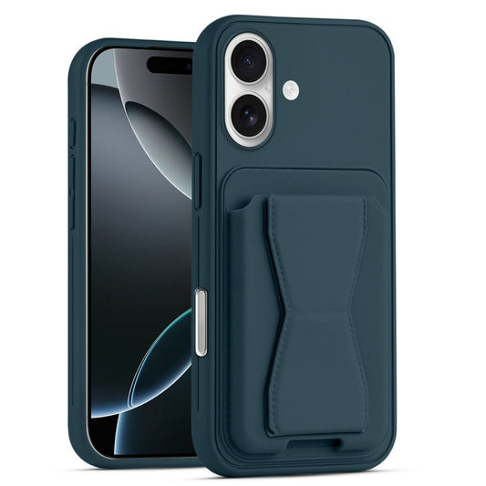 All in One Premium Leather Back Cover for Apple iPhone 16 with Card Slot & Foldable Grip Holder