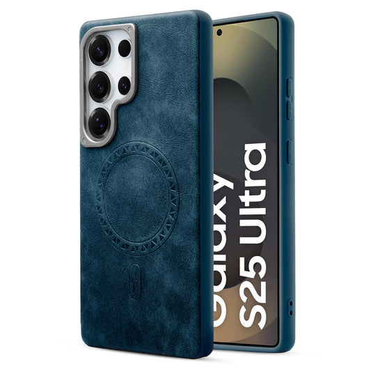 Alloy Camera Ring Faux Leather Back Case for Samsung S25 Ultra 5G , Hard Shell with MagSafe Support