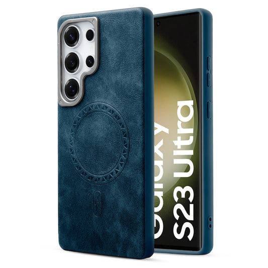 Alloy Camera Ring Faux Leather Back Case for Samsung S23 Ultra 5G , Hard Shell with MagSafe Support