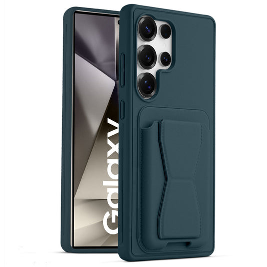 All in One Premium Leather Back Cover for Samsung S24 Ultra 5G with Card Slot & Foldable Grip Holder