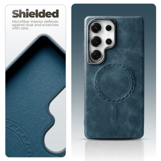 Alloy Camera Ring Faux Leather Back Case for Samsung S23 Ultra 5G , Hard Shell with MagSafe Support