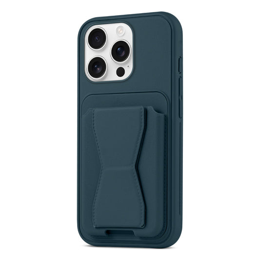 All in One Premium Leather Back Cover for Apple iPhone 16 Pro with Card Slot & Foldable Grip Holder