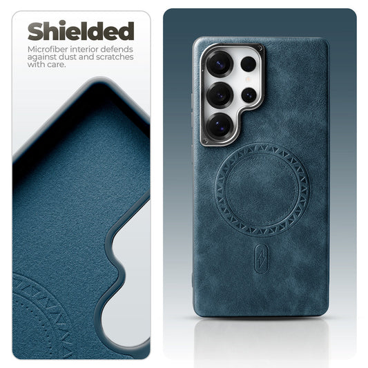 Alloy Camera Ring Faux Leather Back Case for Samsung S25 Ultra 5G , Hard Shell with MagSafe Support