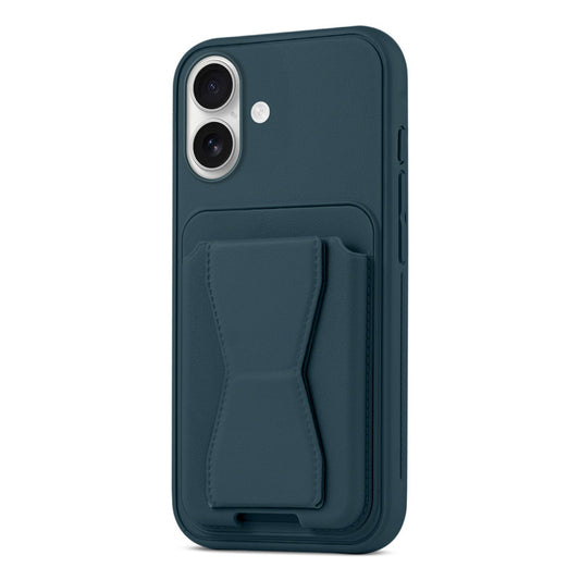 All in One Premium Leather Back Cover for Apple iPhone 16 with Card Slot & Foldable Grip Holder