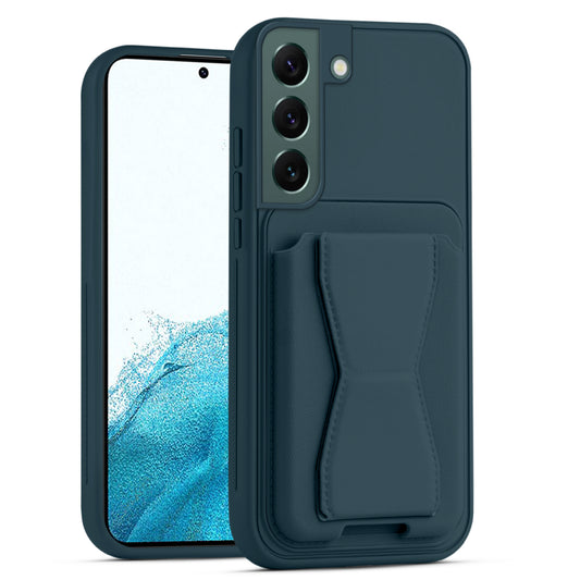All in One Premium Leather Back Cover for Samsung S22 5G with Card Slot & Foldable Grip Holder