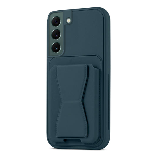 All in One Premium Leather Back Cover for Samsung S22 5G with Card Slot & Foldable Grip Holder
