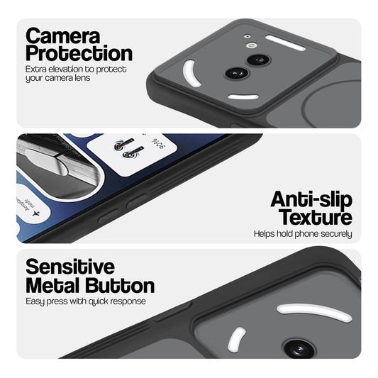 Black Phone case for Nothing Phone 2A highlighting raised camera protection, anti-slip texture, and responsive side buttons