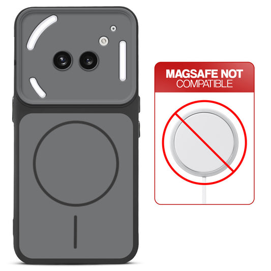 Dual tone silicone Black phone cover for Nothing Phone 2A showing wireless charging not supported notice