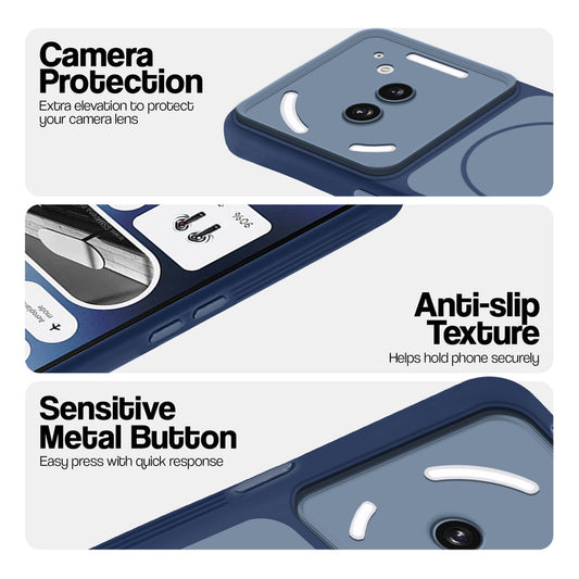 Blue Phone case for Nothing Phone 2A highlighting raised camera protection, anti-slip texture, and responsive side buttons