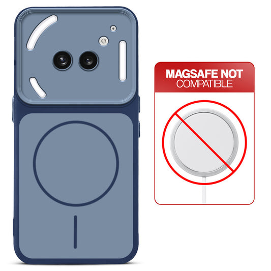 Dual tone silicone Blue phone cover for Nothing Phone 2A showing wireless charging not supported notice