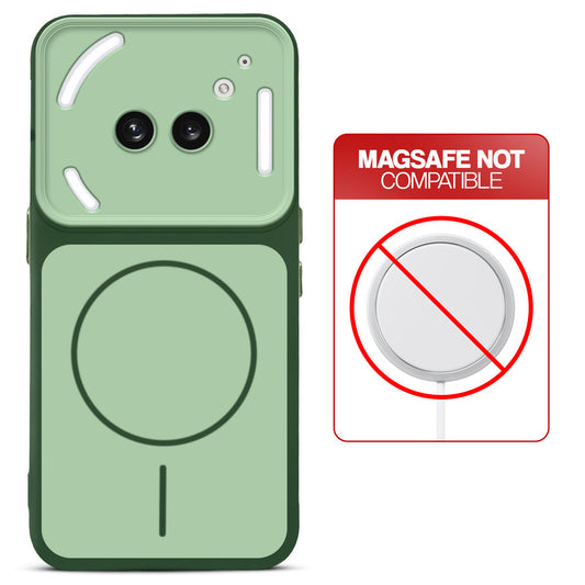 Dual tone silicone Green phone cover for Nothing Phone 2A showing wireless charging not supported notice