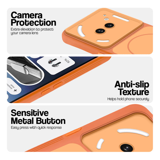 Orange Phone case for Nothing Phone 2A highlighting raised camera protection, anti-slip texture, and responsive side buttons