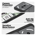 Black Phone case for Nothing Phone 2A Plus highlighting raised camera protection, anti-slip texture, and responsive side buttons