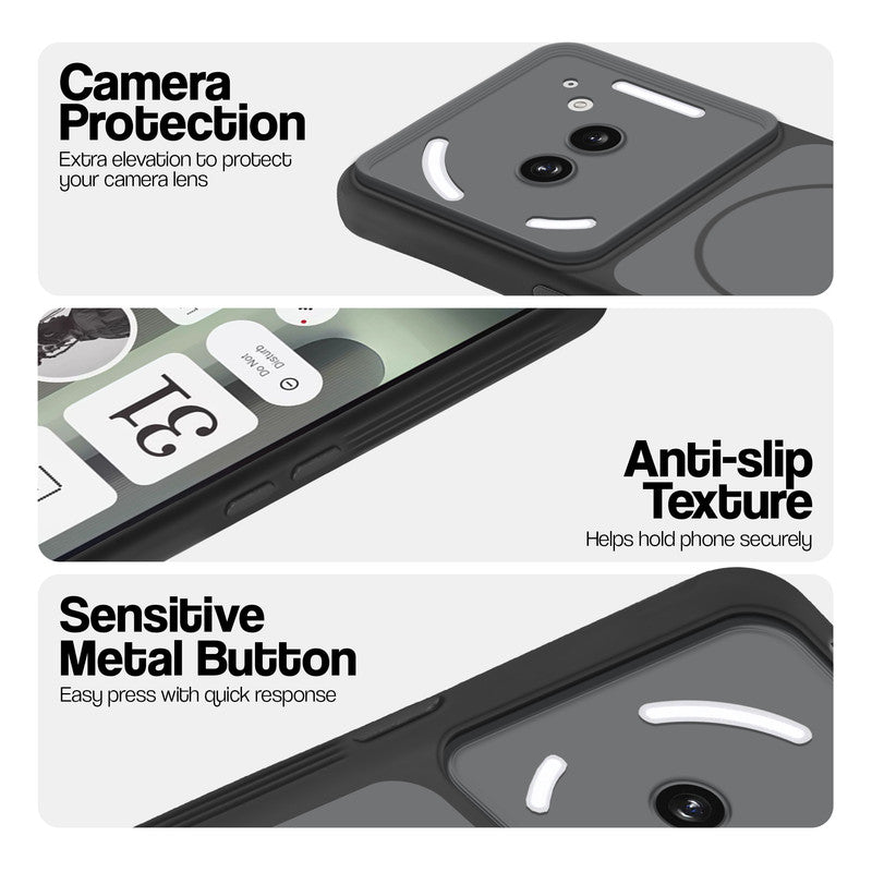 Black Phone case for Nothing Phone 2A Plus highlighting raised camera protection, anti-slip texture, and responsive side buttons