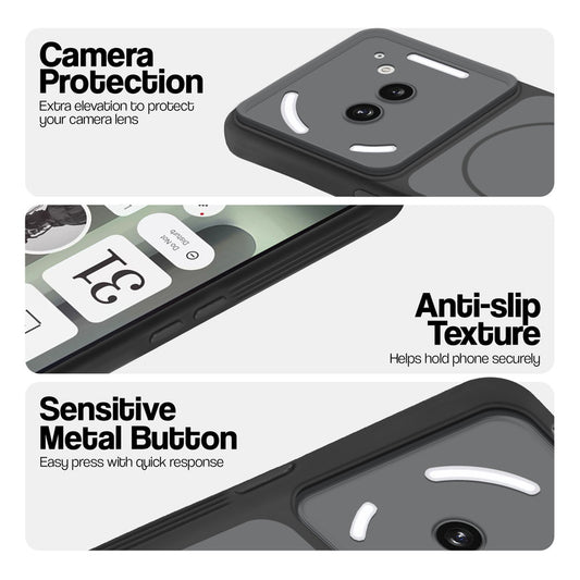 Black Phone case for Nothing Phone 2A Plus highlighting raised camera protection, anti-slip texture, and responsive side buttons