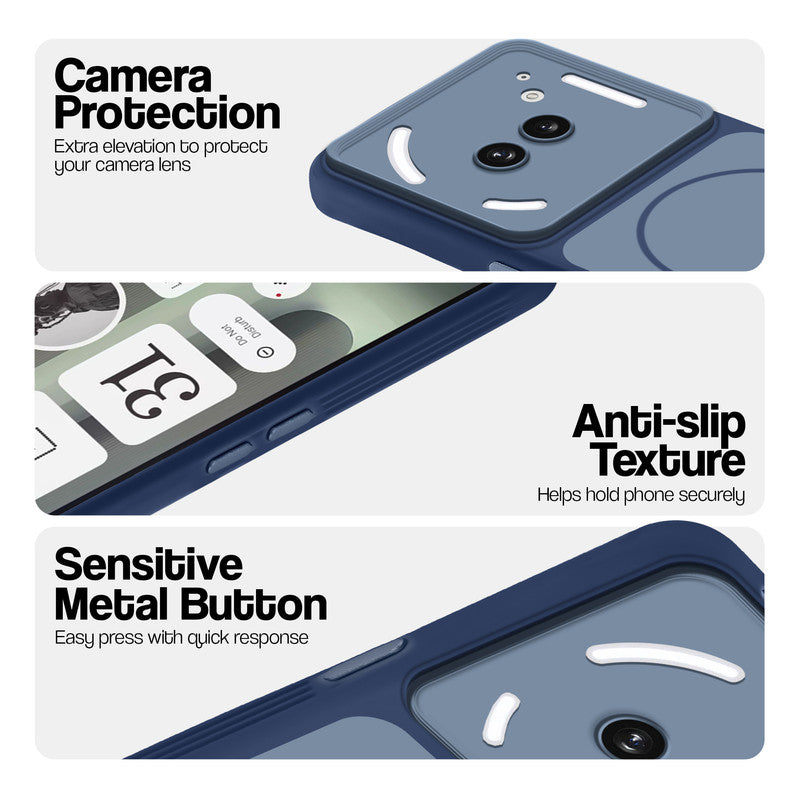 Blue Phone case for Nothing Phone 2A Plus highlighting raised camera protection, anti-slip texture, and responsive side buttons