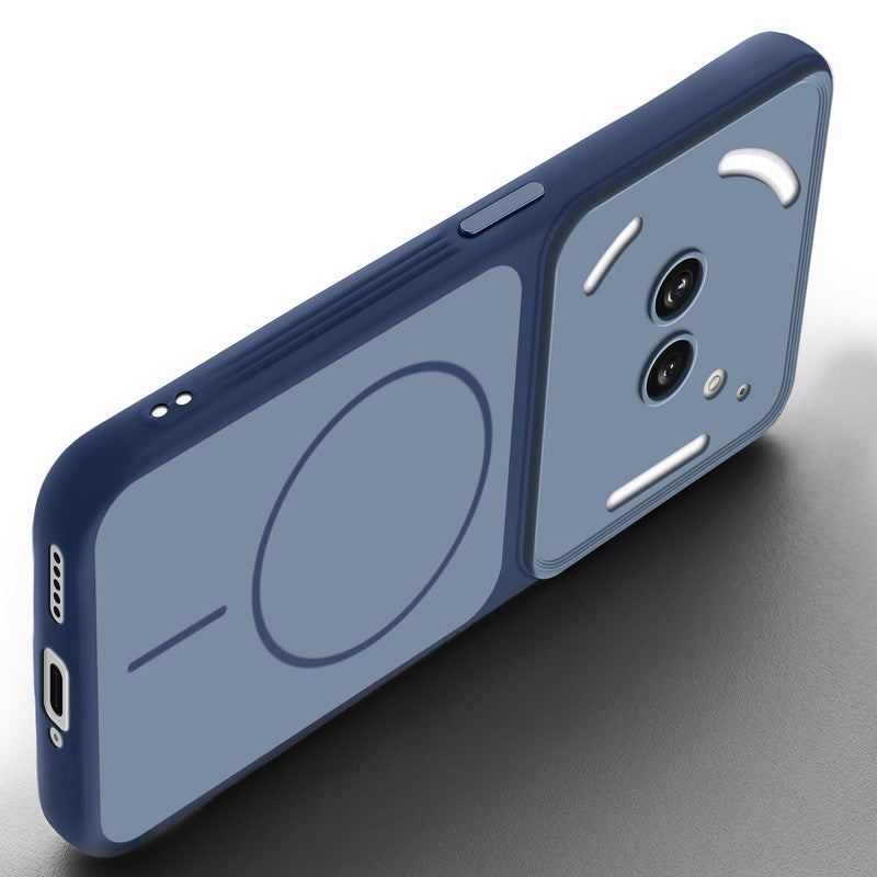 Slim silicone Blue phone case for Nothing Phone 2A Plus side angle view showing grip texture and precise cutouts