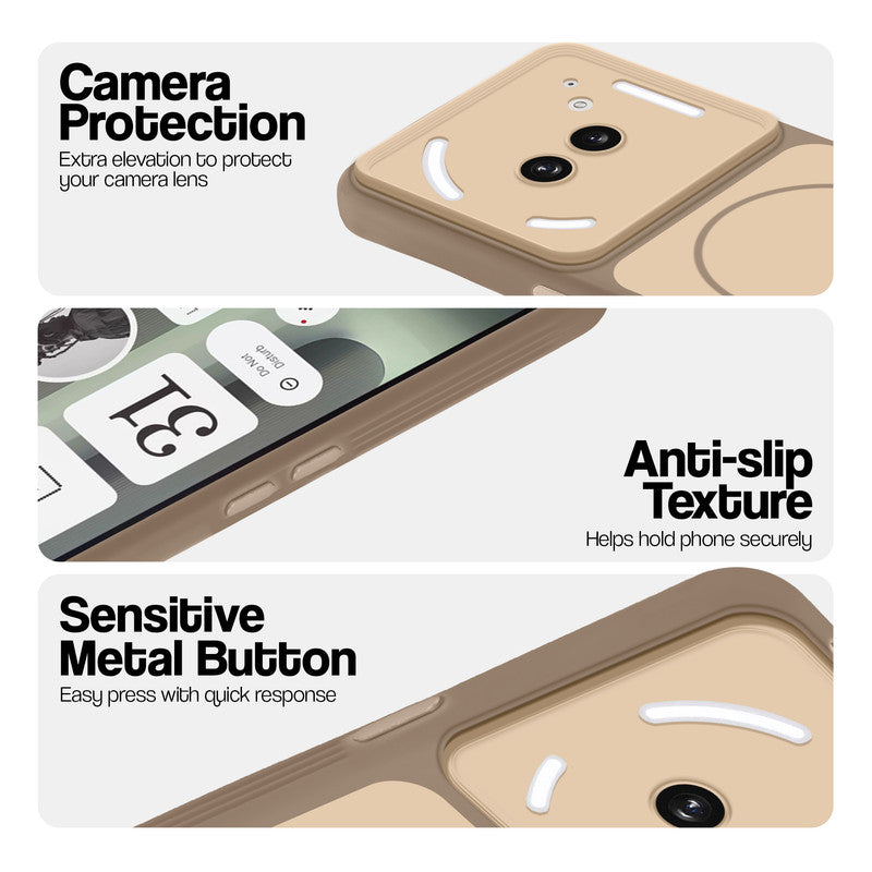 Brown Phone case for Nothing Phone 2A Plus highlighting raised camera protection, anti-slip texture, and responsive side buttons