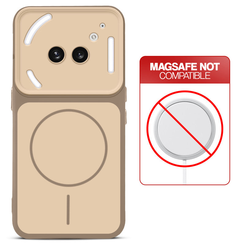 Dual tone silicone Brown phone cover for Nothing Phone 2A Plus showing wireless charging not supported notice