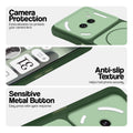 Green Phone case for Nothing Phone 2A Plus highlighting raised camera protection, anti-slip texture, and responsive side buttons