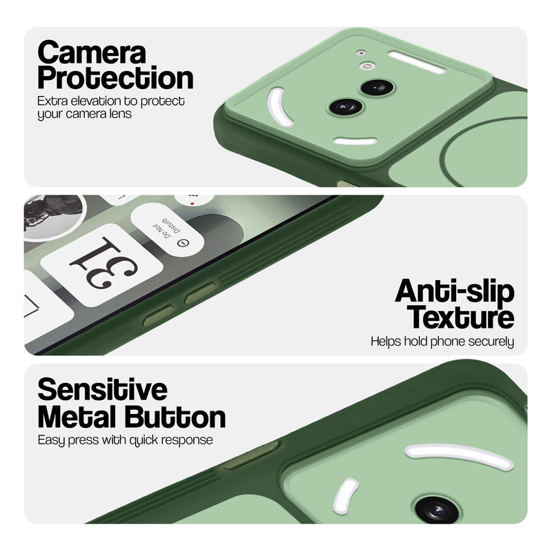 Green Phone case for Nothing Phone 2A Plus highlighting raised camera protection, anti-slip texture, and responsive side buttons
