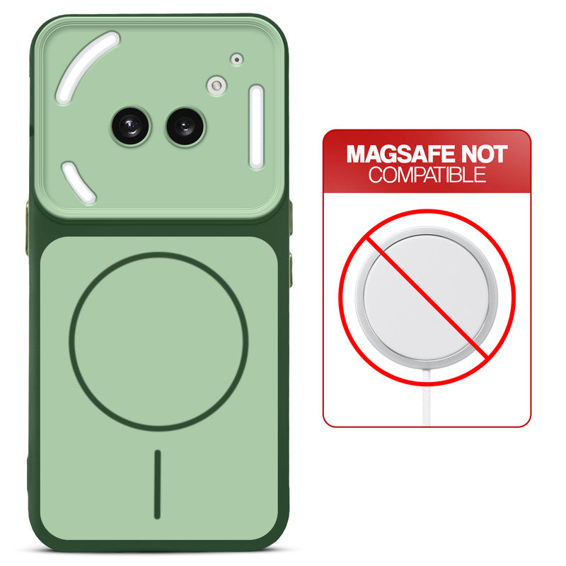 Dual tone silicone Green phone cover for Nothing Phone 2A Plus showing wireless charging not supported notice