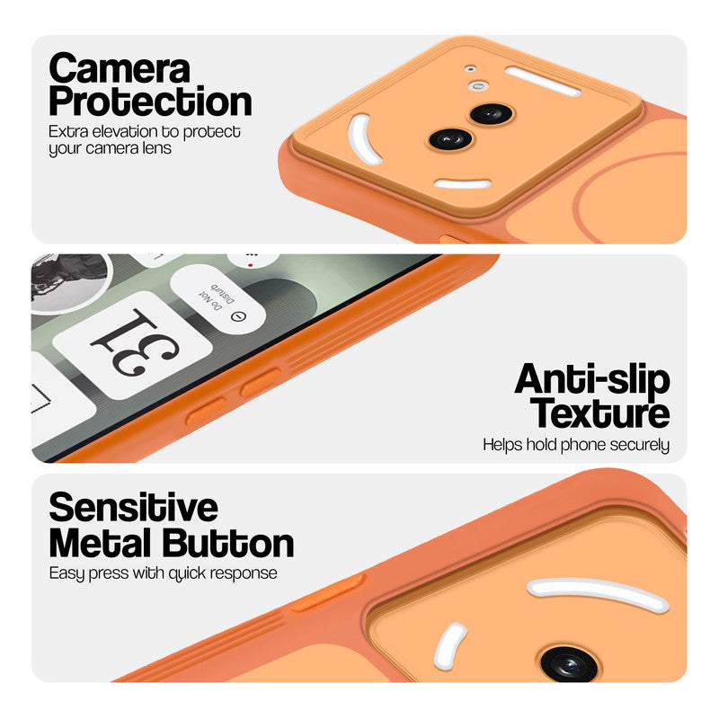 Orange Phone case for Nothing Phone 2A Plus highlighting raised camera protection, anti-slip texture, and responsive side buttons
