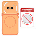 Dual tone silicone Orange phone cover for Nothing Phone 2A Plus showing wireless charging not supported notice