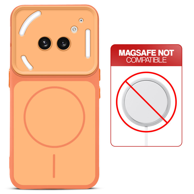 Dual tone silicone Orange phone cover for Nothing Phone 2A Plus showing wireless charging not supported notice