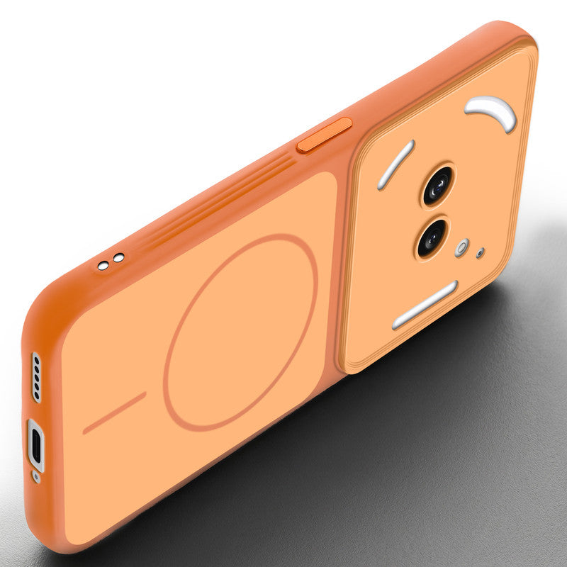 Slim silicone Orange phone case for Nothing Phone 2A Plus side angle view showing grip texture and precise cutouts