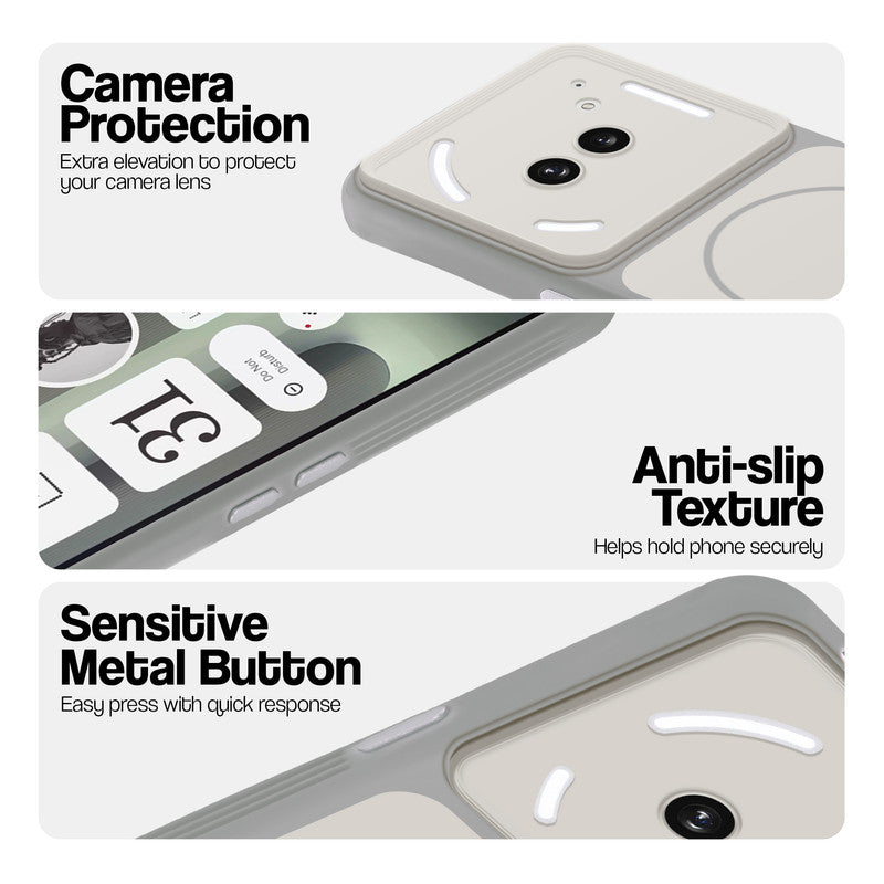 White Phone case for Nothing Phone 2A Plus highlighting raised camera protection, anti-slip texture, and responsive side buttons