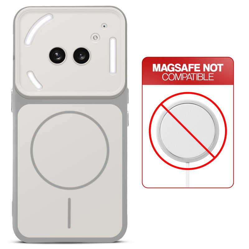 Dual tone silicone White phone cover for Nothing Phone 2A Plus showing wireless charging not supported notice