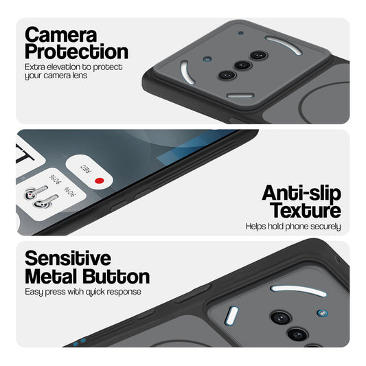 Black Phone case for Nothing Phone 3A 5G highlighting raised camera protection, anti-slip texture, and responsive side buttons