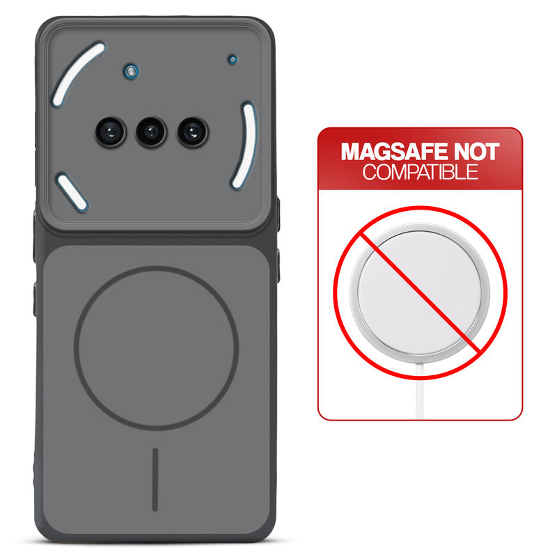 Dual tone silicone Black phone cover for Nothing Phone 3A 5G showing wireless charging not supported notice
