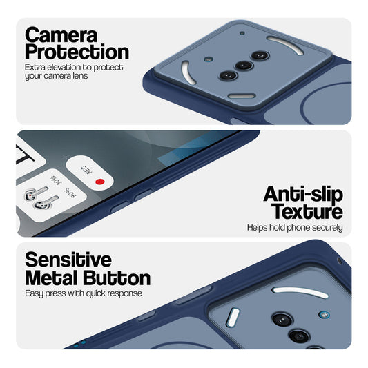 Blue Phone case for Nothing Phone 3A 5G highlighting raised camera protection, anti-slip texture, and responsive side buttons
