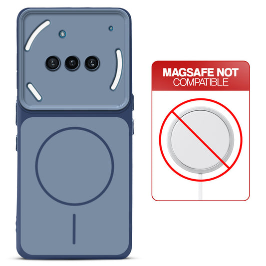 Dual tone silicone Blue phone cover for Nothing Phone 3A 5G showing wireless charging not supported notice